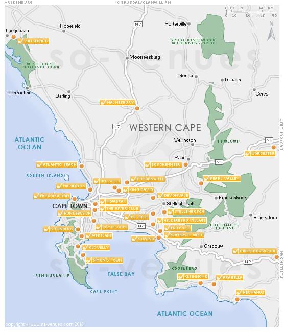 kaart Cape Town golf kursused 