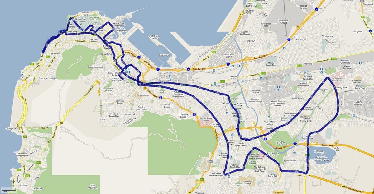 kaart Cape Town maratoni marsruut 