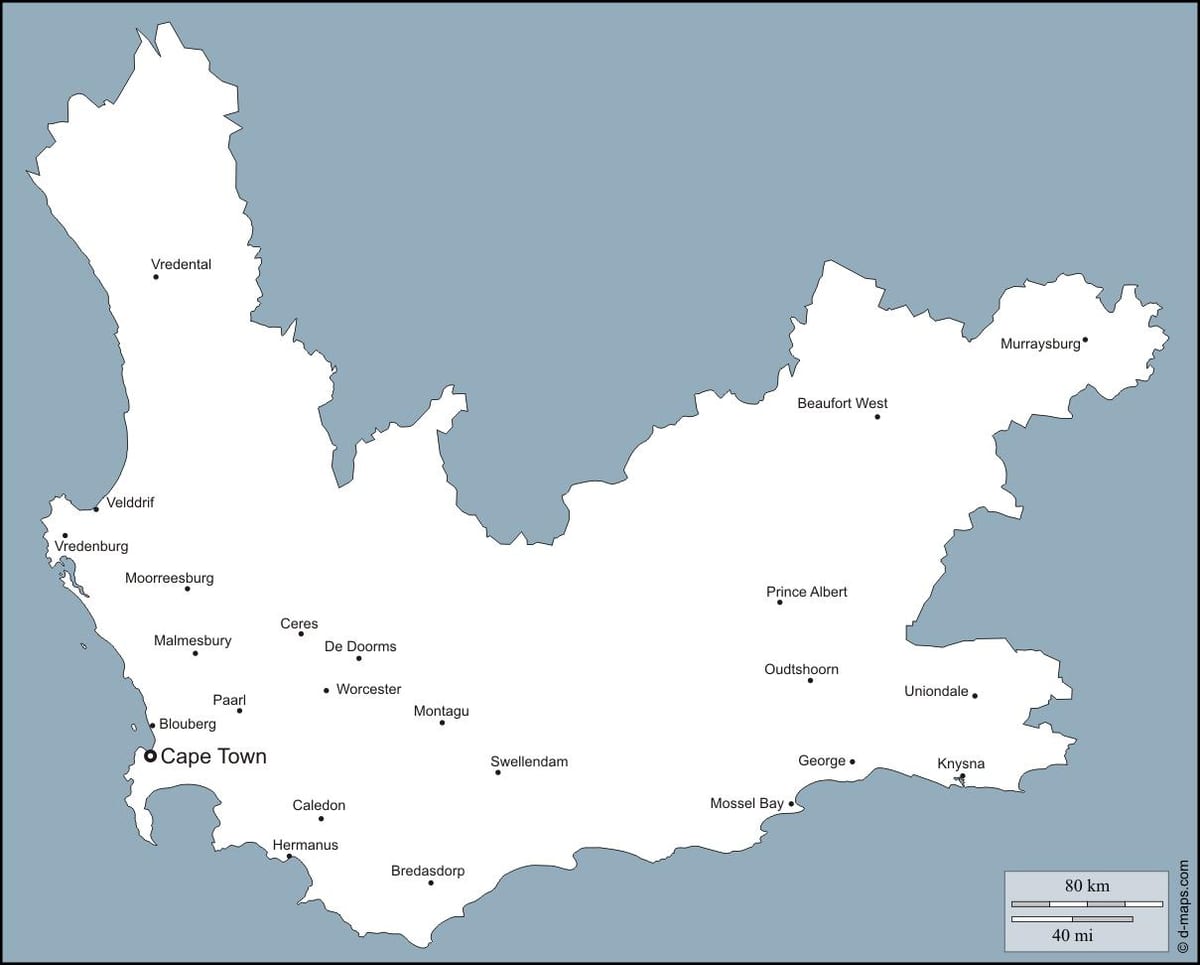 kaart western Cape Linnad