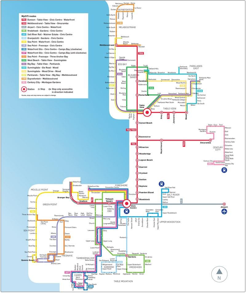 Cape Town myciti bussi marsruudi kaardil